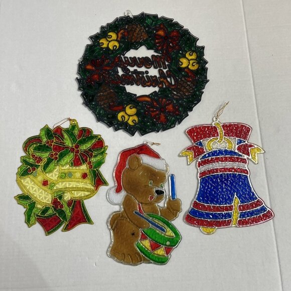 Vintage Christmas Stained Glass Plastic Window Decorations Set of 4 Wreath Bell - Picture 8 of 16
